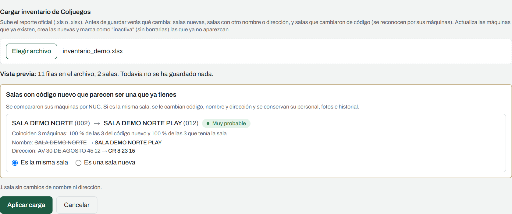 Carga del inventario de Coljuegos